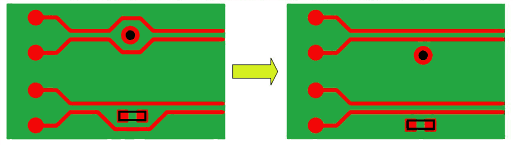 No components or vias between differential pairs.